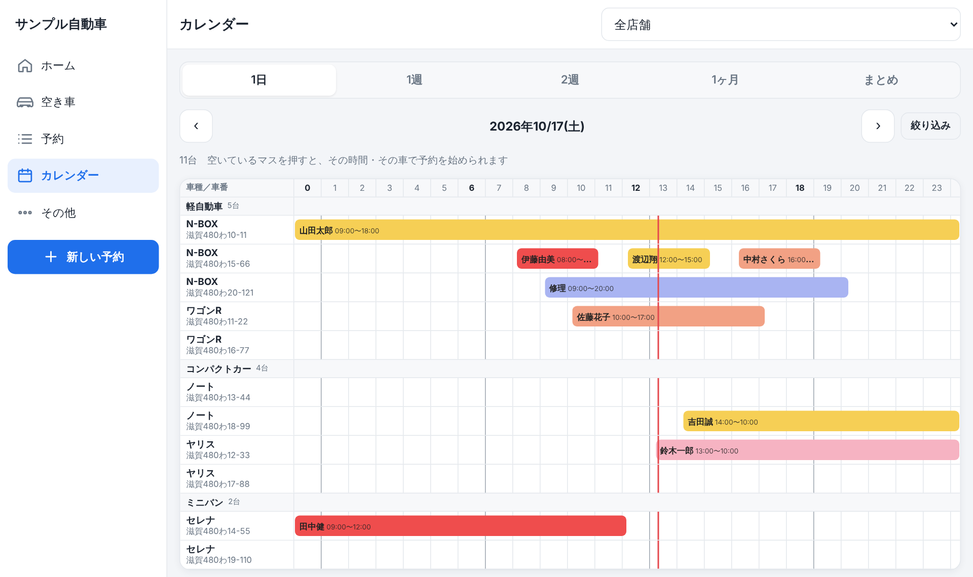 車ごとの予約表（1日表示）
